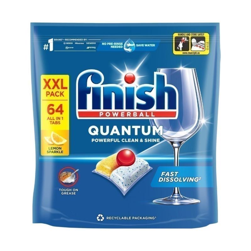 Túi 64 viên rửa chén Finish Quantum All in 1 (14x tính năng trong 1 viên Bao Bì mới – Hương Chanh) – (Dành cho máy rửa chén 10-12-13 bộ).